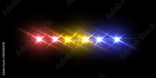 Emergency car lights. Police siren flashing. Red, blue, yellow bright lights of ambulance auto with radiant beams and smooth reflection. Realistic vector illustration in dynamic luminous style.