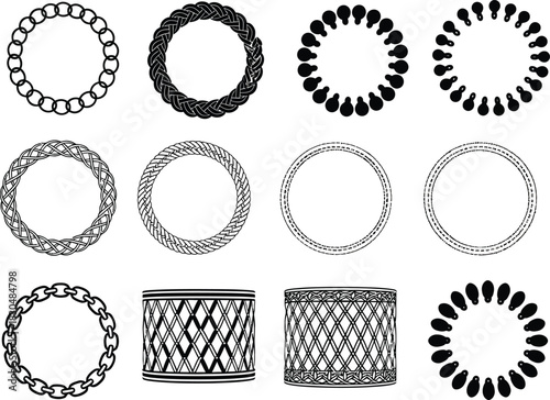 Set of black and white circular vector elements with decorative border designs like chains, braids, and woven rope patterns for custom graphic layouts