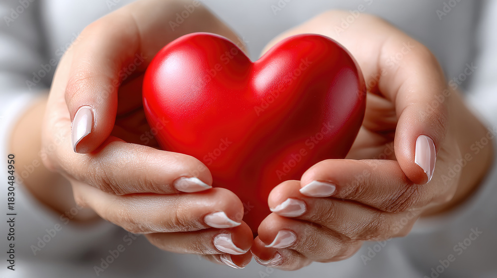 Fototapeta premium Hands gently holding a bright red heart, representing concepts of organ donation, heart health, life, and the importance of compassionate care and support