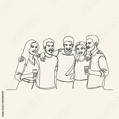 Adult friends embrace in simple line art, symbolizing strong bonds and good times together. These adult friends are connecting, with a minimalist aesthetic emphasizing unity.