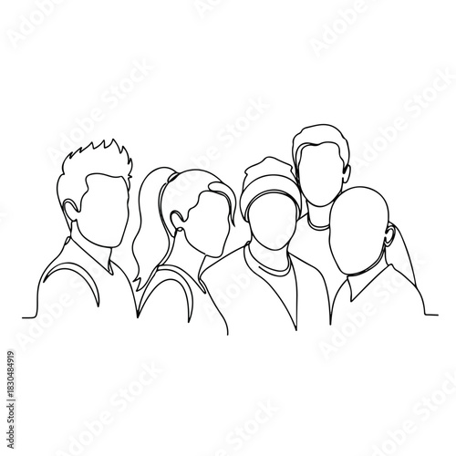 Line drawing illustration of adult friends in single continuous line, showcasing unity and connection. Adult friends gathered together, emphasizing friendship and companionship,