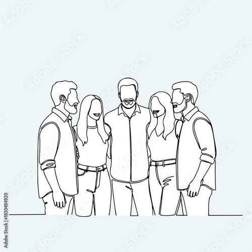 Group of people standing close together in line art style. Group of people is seen embracing camaraderie and connection.
