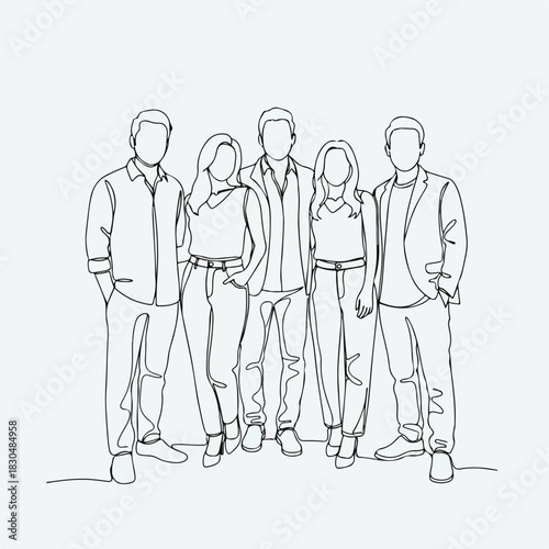 Adult friends shown in linear drawing on white backdrop, depicting a group of five people. Adult friends concept showcases connection and minimalism, portraying unity among figures.