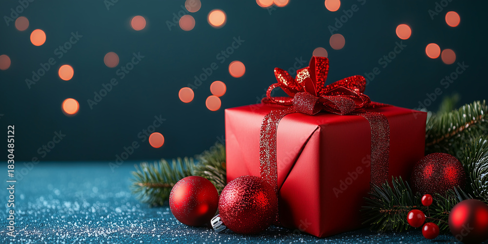 Naklejka premium Merry Christmas and Happy Holidays greeting card, frame, banner. New Year. Red Christmas decorations, gift box, present on blue background. Winter xmas festive celebration theme.