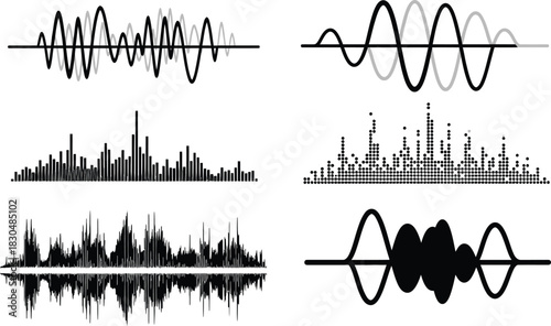 A diverse set of black and white vector illustrations depicting various audio waveforms, sound waves, and digital signal spectrums for sound analysis
