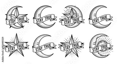 Set of Vintage Style Celestial Icons with Inspirational Quotes.