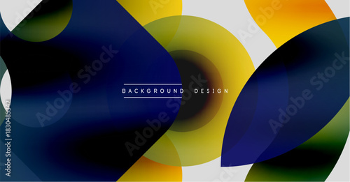 Abstract fluid shapes overlap, creating dynamic color gradients. Yellows, blues, whites blend seamlessly. Modern design element.