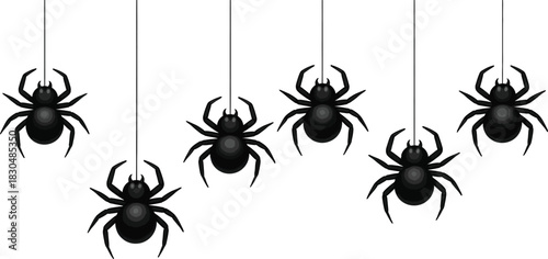 Eerie illustration of multiple black spiders suspended by thin white webs, ideal for scary holiday designs and spooky season promotions