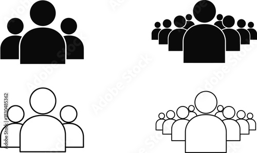 A versatile set of vector people icons, featuring both small team and large crowd representations in solid and outline styles for user interface design 09.eps
