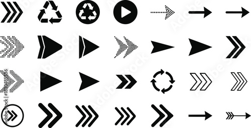 A versatile collection of flat arrow icons in black and grey for web navigation. Includes play, next, refresh, and recycle symbols. Vector graphic set 08.eps