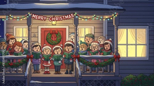 Children singing Christmas carols on a decorated porch.