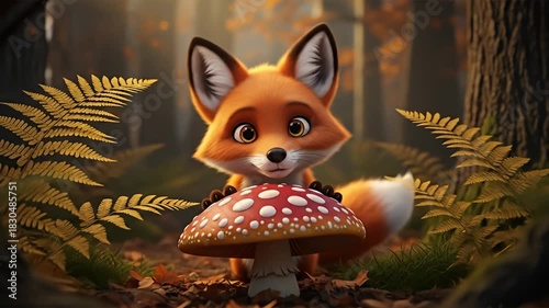 Cute cartoon fox peeking from behind a mushroom in a magical forest.