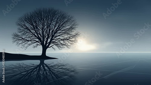 A lone tree stands by a calm body of water, reflecting its silhouette under a soft, ethereal sky.