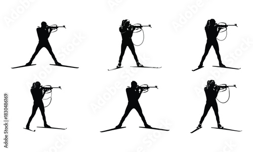 Collection of six distinct biathlete silhouettes in action aiming their rifles during a winter sport competition silhouette