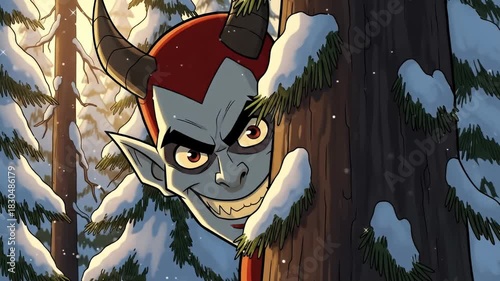 A mischievous Krampus peeks from behind a snow-covered tree in a winter forest, grinning wickedly.