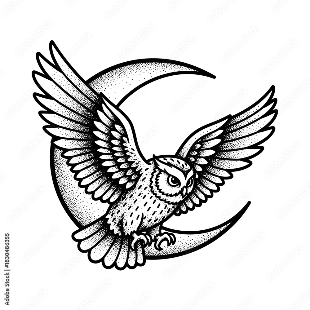 Fototapeta premium Detailed Illustration of an Owl in Flight Against a Crescent Moon.