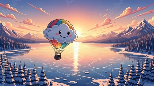 Hot Air Balloon Over Frozen Lake at Sunset.
