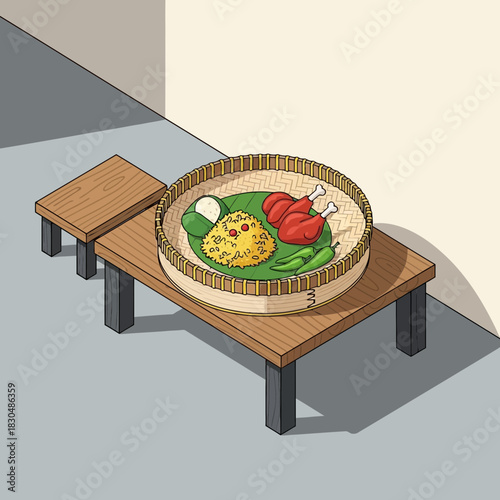 Authentic indonesian nasi kuning complete set with ayam goreng illustration