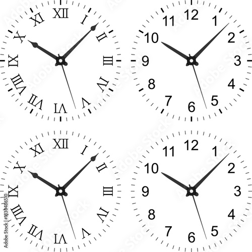 Set of four analog clock faces featuring Roman and Arabic numerals, clean design, and precise clock hands, ideal for education, time concepts, layouts, and instructional materials.