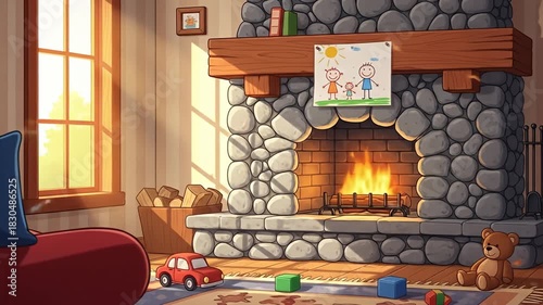 Cozy Living Room with Fireplace and Toys.