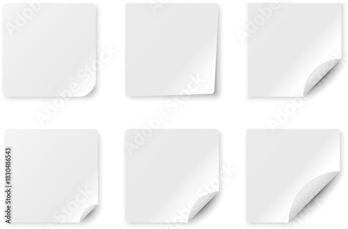 A collection of blank white sticky notes with soft shadows and curled corners. Clean minimal mockup template for reminders, messages, memos, and design presentations. sticky note mockup.