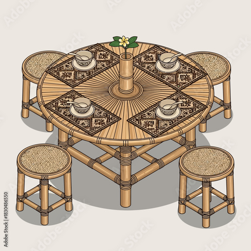 Elegant Bamboo Table and Chair Set with Coffee Cups for a Relaxing Time