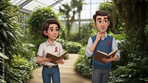 Two animated characters, a man and a woman, are walking through a lush greenhouse, holding books and observing the plants.