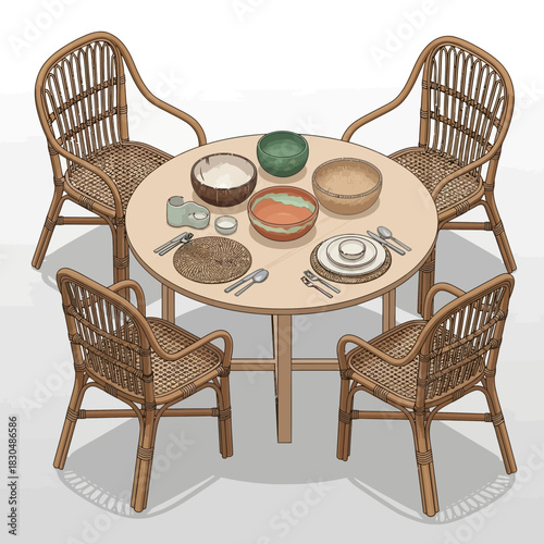 Elegant dining setup with rattan furniture and colorful ceramic bowls
