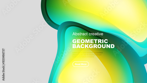 Fluid shapes overlap, creating vibrant gradient effect. Text promotes further exploration. Modern design elements present.