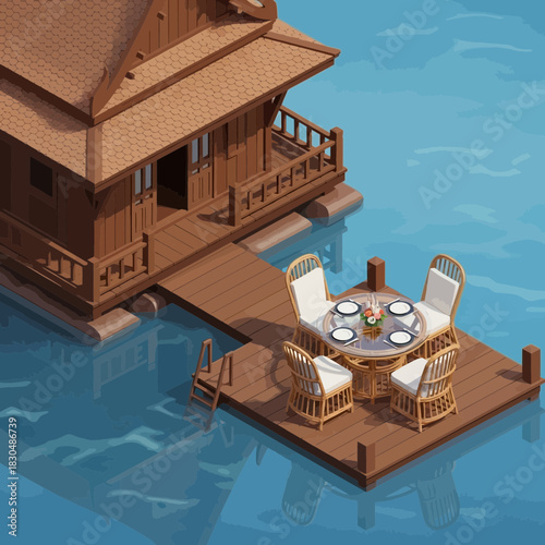 Illustration of a Charming Riverside Floating Restaurant for Relaxed Dining