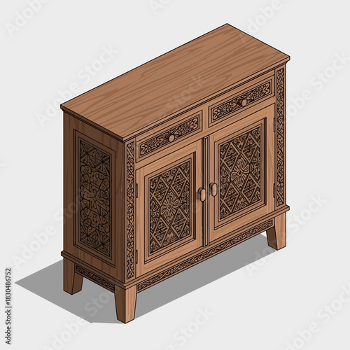 Illustration of intricately carved wooden cabinet on a white backdrop