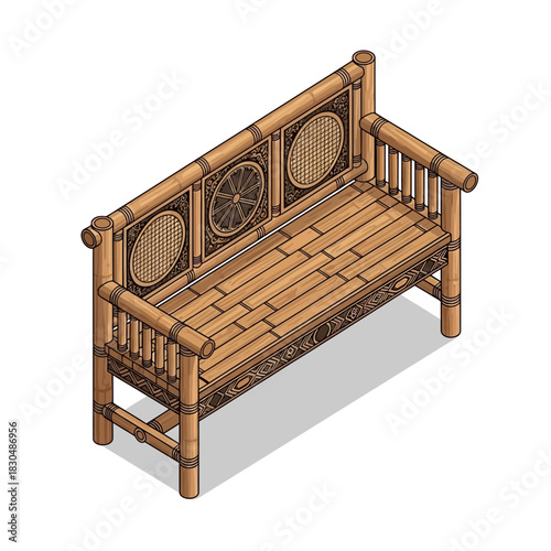 Stylized Bamboo Bench with Intricate Carvings and a Rustic Texture
