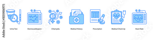 Diagnostic and Vital Tracking web banner with Urine Test, Electrocardiogram, Chlamydia, Medical History, Prescription, Medical Check Up, and Heart Rate to support active health monitoring.