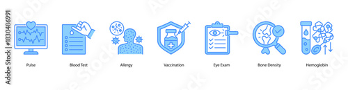 Laboratory Health Indicators web banner icon vector illustration featuring Pulse, Blood Test, Allergy, Vaccination, Eye Exam, Bone Density, and Hemoglobin for essential medical metrics.