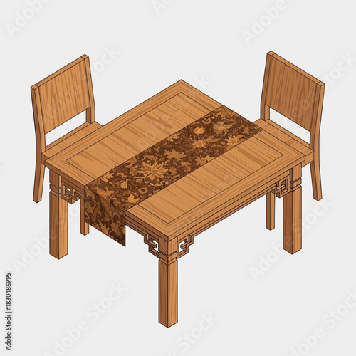 Traditional dining set with table runner in isometric perspective