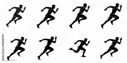 Set of running man silhouettes with different details and styles, depicting speed, fitness, and athletic competition on a white background.