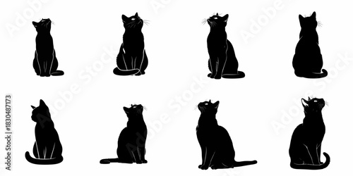 Black Cat Silhouettes Set: Eight Sitting Feline Poses Looking Up, Isolated Vector Icons for Pet Design and Decoration.