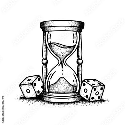 Hourglass and Dice Symbolizing Time and Chance.