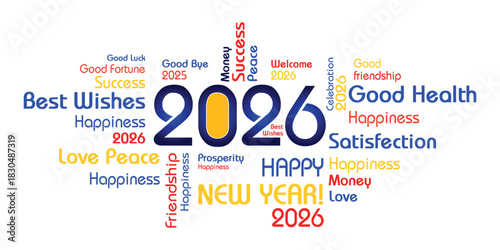 best wishes 2026 happy new year typography on white background. new year eve 2026 blue design.
