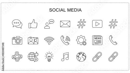 Vector illustration of collection of social media icons set of line icons for social networking, communication, and online interaction concept