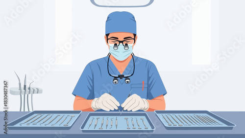 Dentist preparing instruments in a dental clinic environment