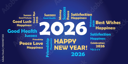 best wishes 2026 happy new year typography on blue background. new year eve 2026.
