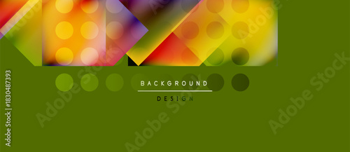Abstract vibrant design features geometric shapes, colorful circles, blurred effects over olive background. Modern presentation element.