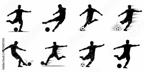 Dynamic set of eight soccer football player silhouettes in action, kicking and shooting the ball with speed and power effects, isolated vector illustration.