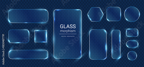 Collection of transparent glass style UI elements with glowing blue highlights. Modern futuristic interface shapes on dark background.