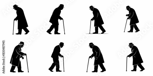 Collection of eight black silhouettes depicting an elderly gentleman walking with a cane, symbolizing aging and frailty.