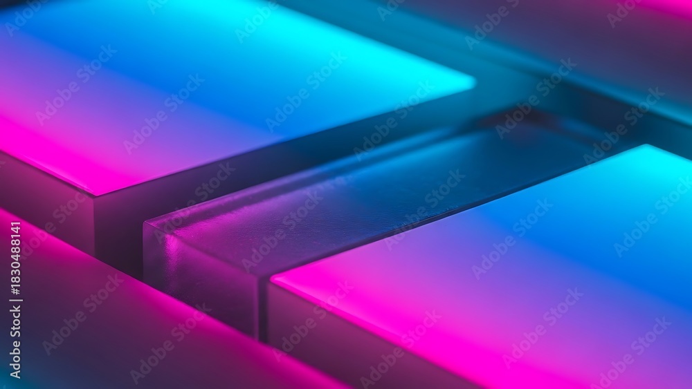 Obraz premium Surreal macro perspective of glowing geometric forms in a cybernetic world with vibrant neon illumination