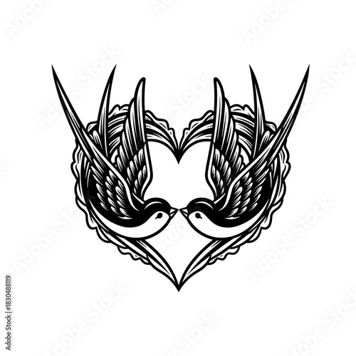 Two Swallows Forming a Heart Shape with Wings.