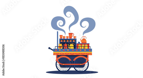 Colorful Vector Illustration of Indian Street Chai Tea Vendor Cart (Chai Wala Thela)