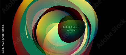 Abstract colorful layers create dynamic circular design. Gradient hues blend, forming modern visual effect. Text reads background design.